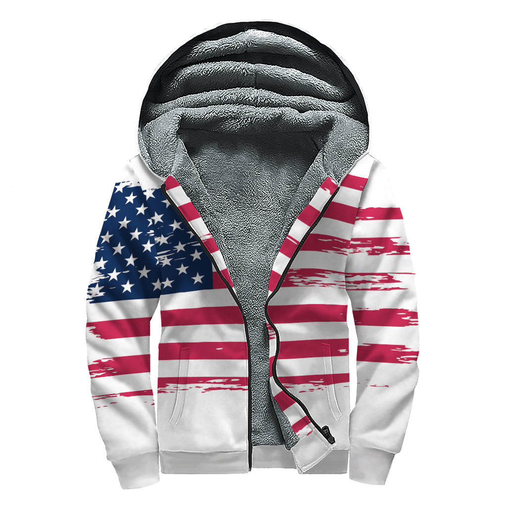 Grunge Flag Of USA Print Sherpa Lined Zip Up Hoodie