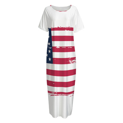Grunge Flag Of USA Print Short Sleeve Long Nightdress