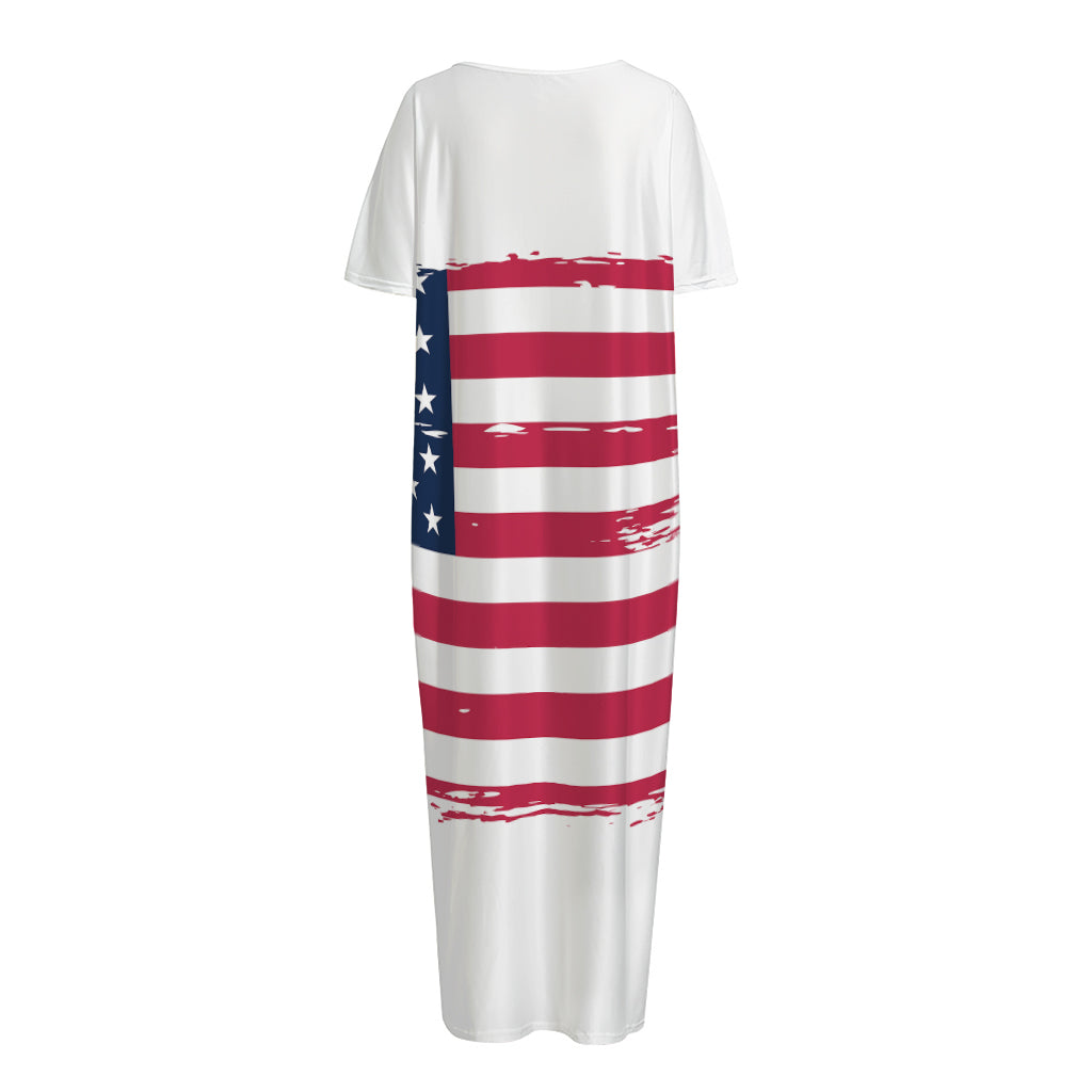 Grunge Flag Of USA Print Short Sleeve Long Nightdress