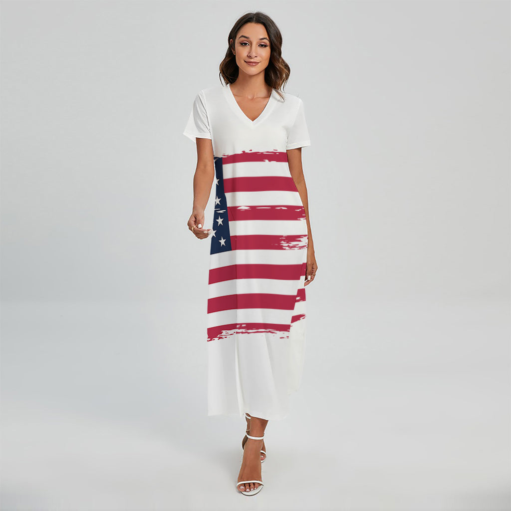 Grunge Flag Of USA Print Short Sleeve Maxi Dress