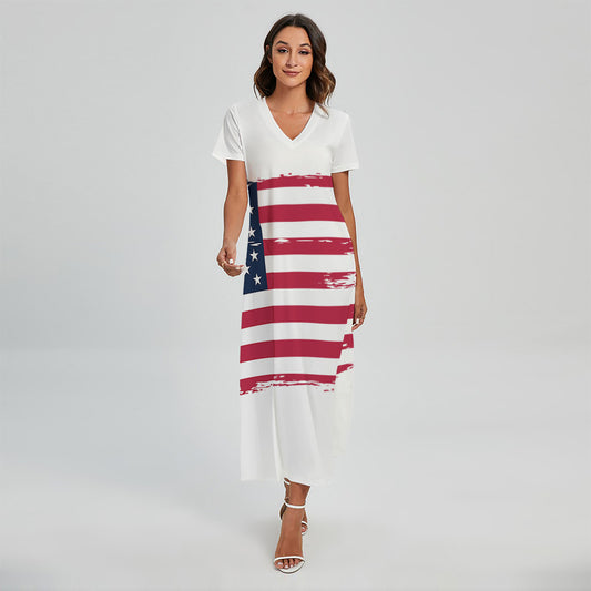 Grunge Flag Of USA Print Short Sleeve Maxi Dress