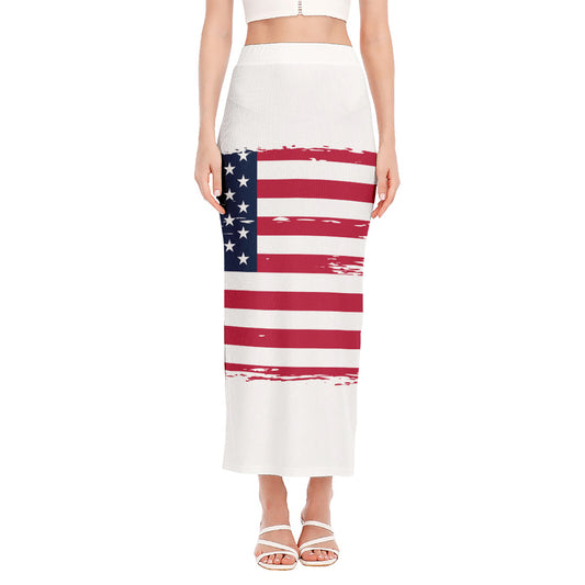 Grunge Flag Of USA Print Side Slit Maxi Skirt