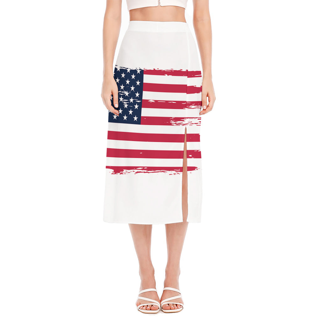 Grunge Flag Of USA Print Side Slit Midi Skirt