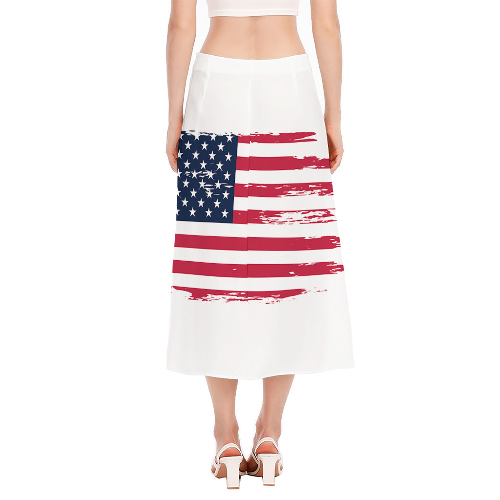 Grunge Flag Of USA Print Side Slit Midi Skirt