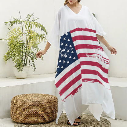 Grunge Flag Of USA Print Silk V-Neck Kaftan Dress