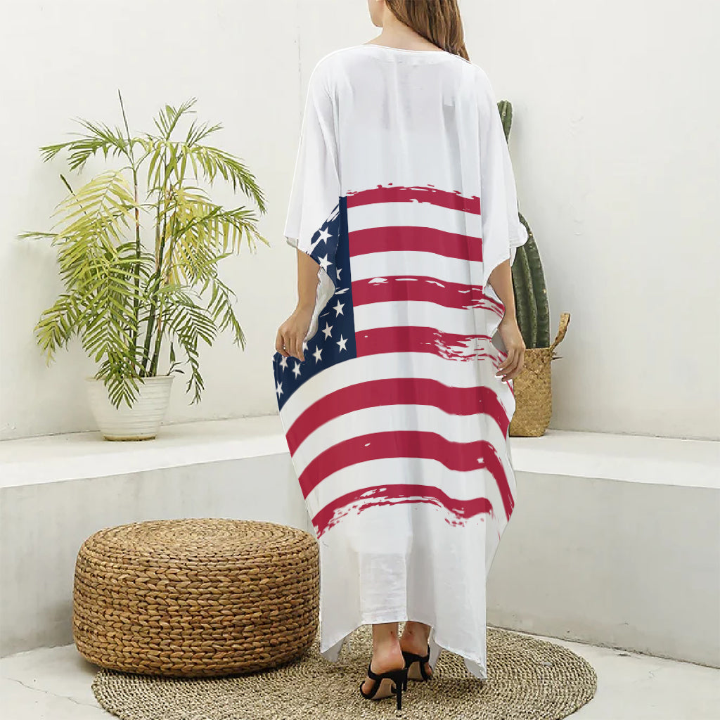 Grunge Flag Of USA Print Silk V-Neck Kaftan Dress
