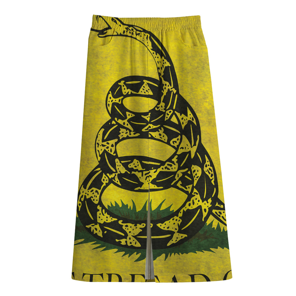 Grunge Gadsden Flag Print Cotton Front Slit Maxi Skirt