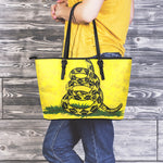 Grunge Gadsden Flag Print Leather Tote Bag