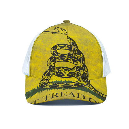 Grunge Gadsden Flag Print White Mesh Trucker Cap