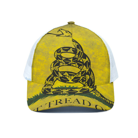 Grunge Gadsden Flag Print White Mesh Trucker Cap