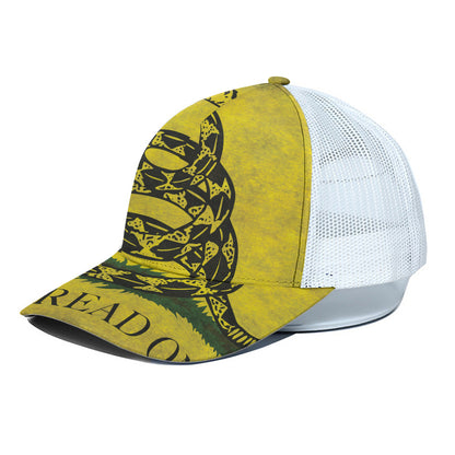 Grunge Gadsden Flag Print White Mesh Trucker Cap