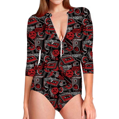 Grunge Graffiti Pattern Print Long Sleeve Swimsuit