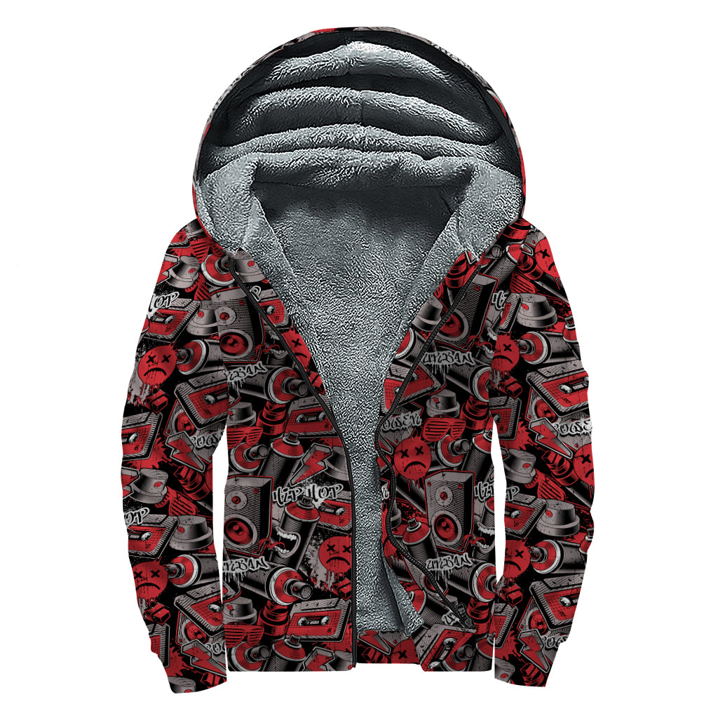 Grunge Graffiti Pattern Print Sherpa Lined Zip Up Hoodie