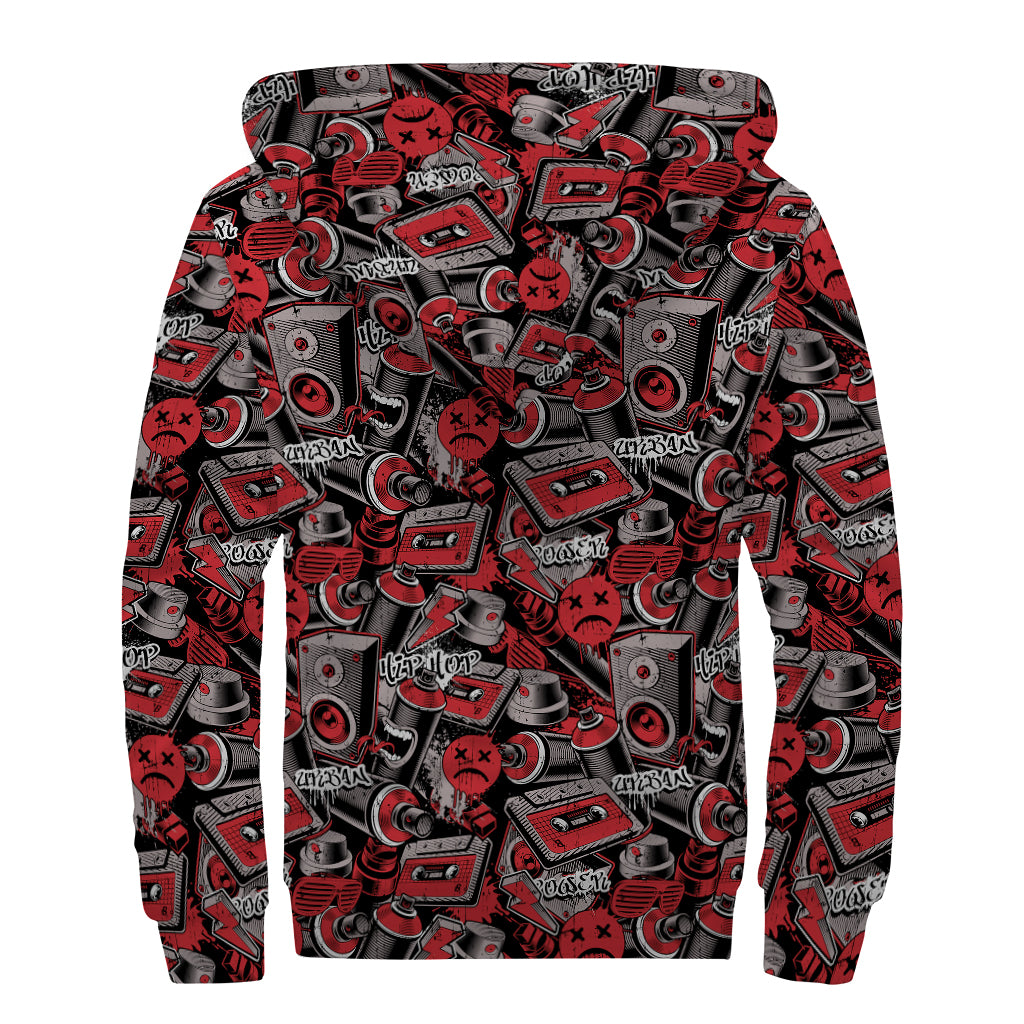 Grunge Graffiti Pattern Print Sherpa Lined Zip Up Hoodie
