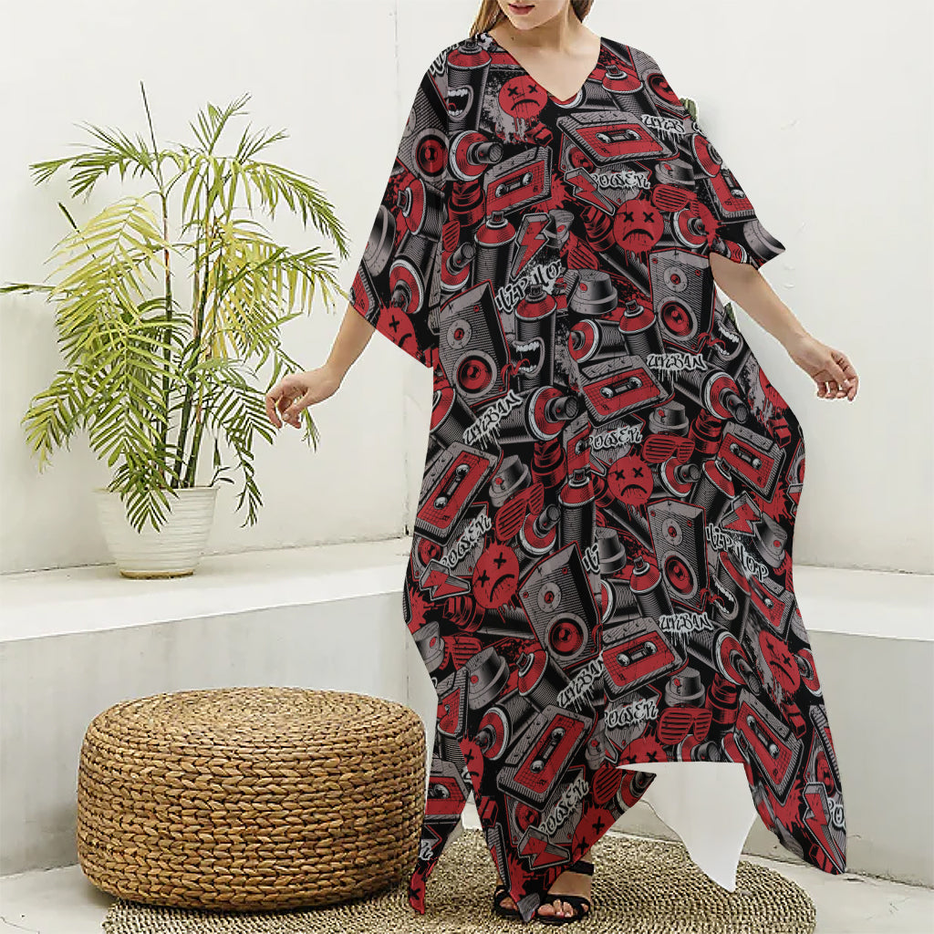 Grunge Graffiti Pattern Print Silk V-Neck Kaftan Dress