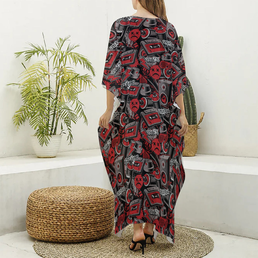 Grunge Graffiti Pattern Print Silk V-Neck Kaftan Dress