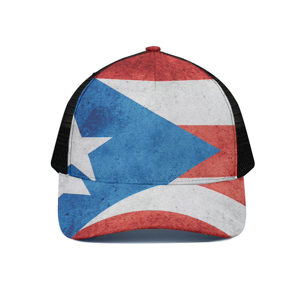 Grunge Puerto Rican Flag Print Black Mesh Trucker Cap