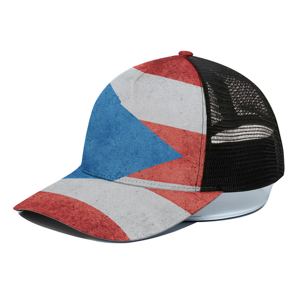 Grunge Puerto Rican Flag Print Black Mesh Trucker Cap