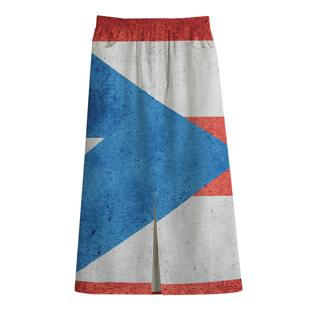 Grunge Puerto Rican Flag Print Cotton Front Slit Maxi Skirt