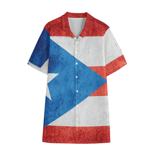Grunge Puerto Rican Flag Print Cotton Hawaiian Shirt
