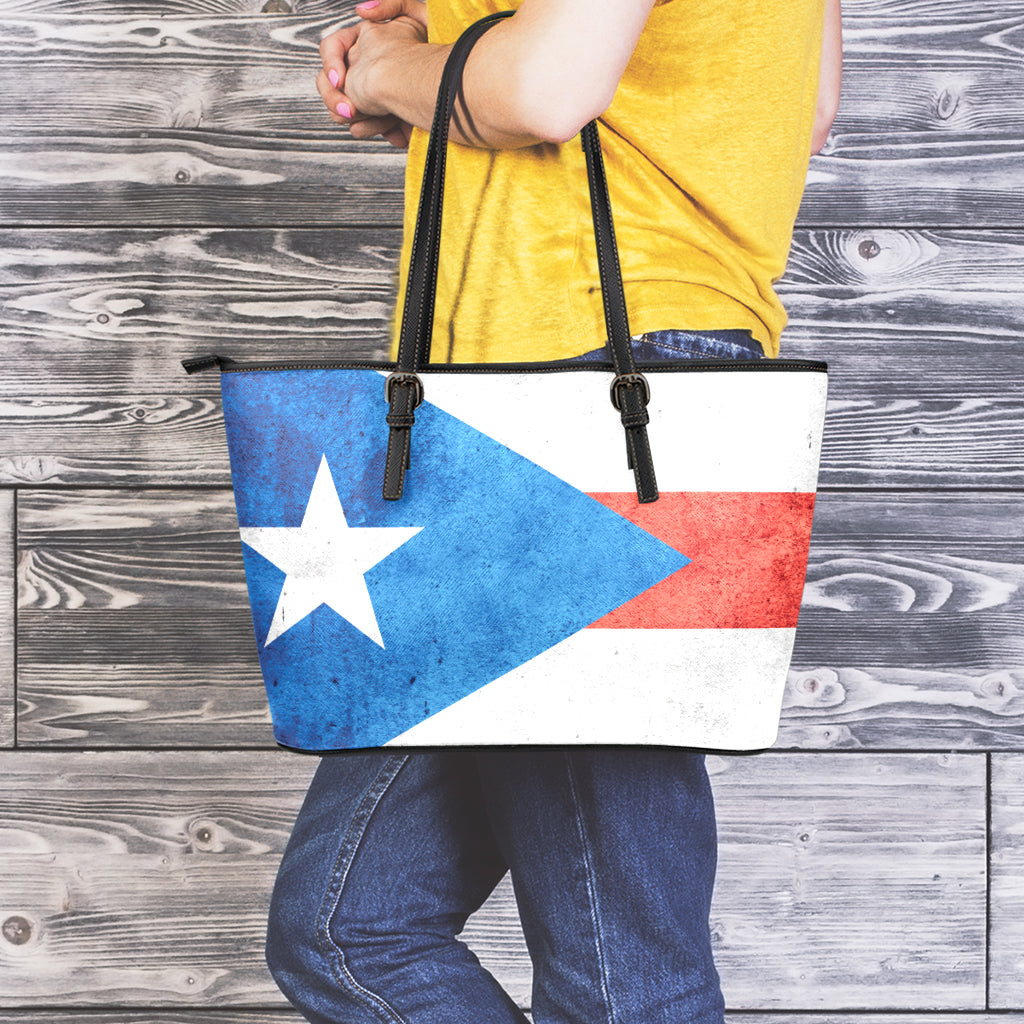 Grunge Puerto Rican Flag Print Leather Tote Bag