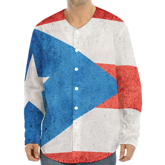 Grunge Puerto Rican Flag Print Long Sleeve Baseball Jersey