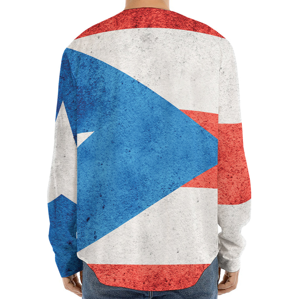 Grunge Puerto Rican Flag Print Long Sleeve Baseball Jersey