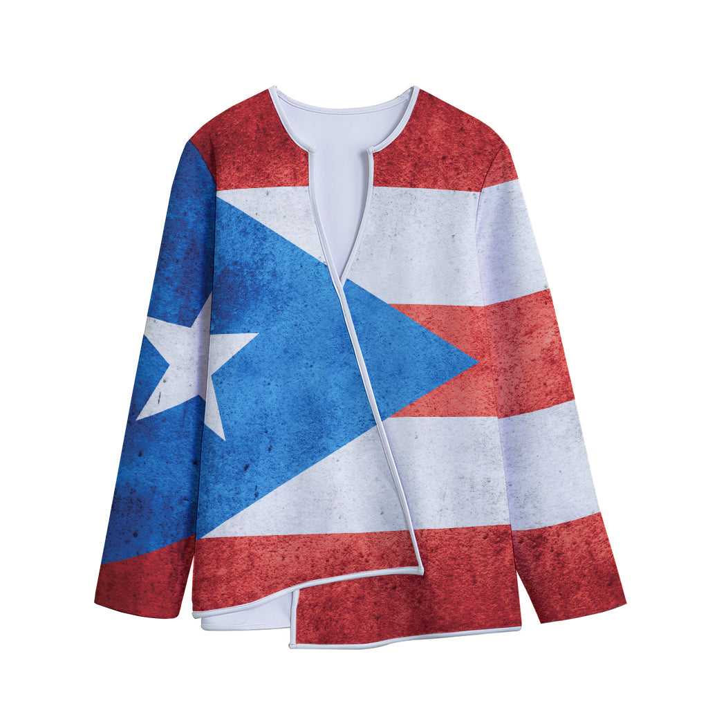 Grunge Puerto Rican Flag Print Long Sleeve Short Coat