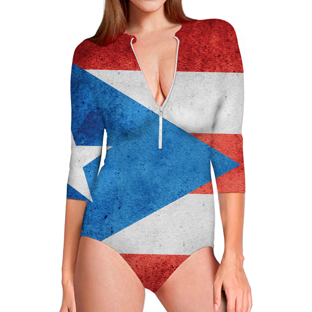 Grunge Puerto Rican Flag Print Long Sleeve Swimsuit