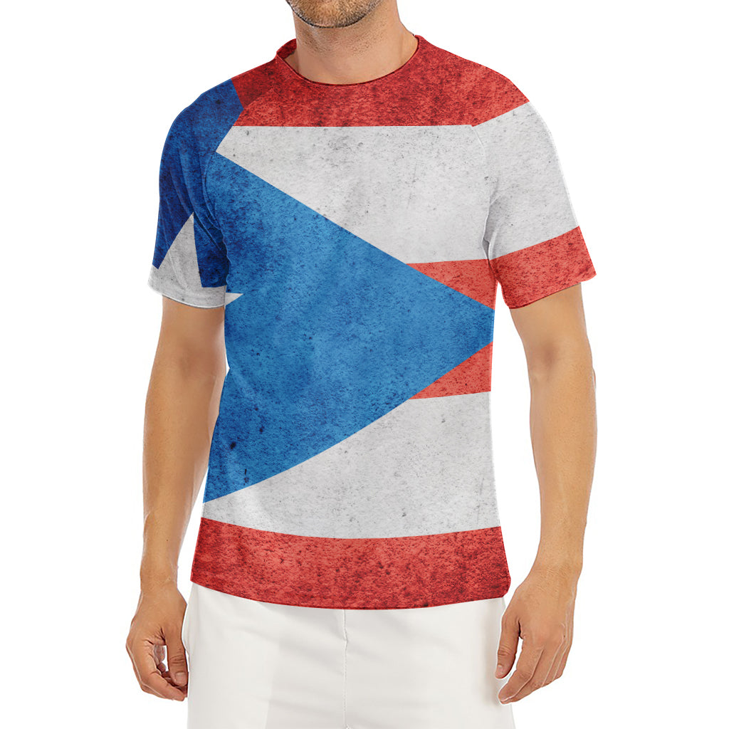 Grunge Puerto Rican Flag Print Men's Short Sleeve Rash Guard