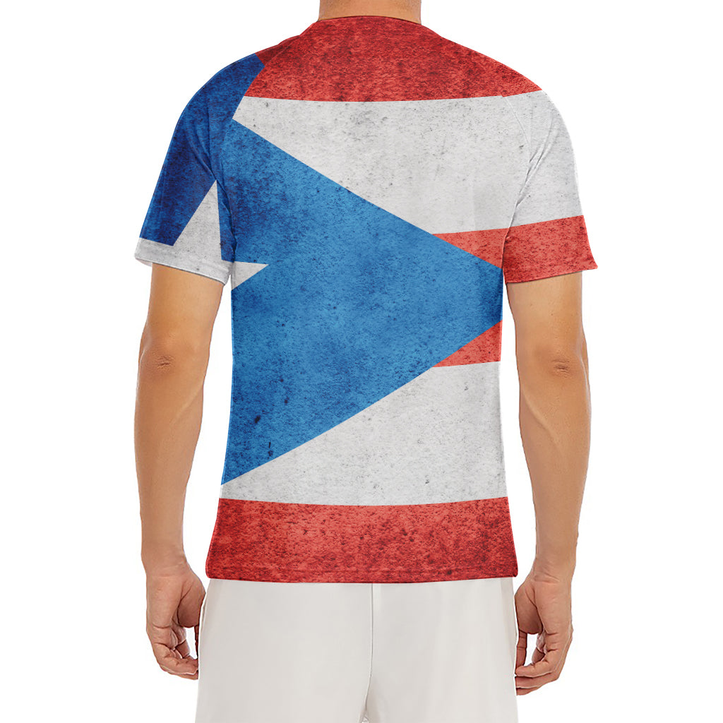 Grunge Puerto Rican Flag Print Men's Short Sleeve Rash Guard