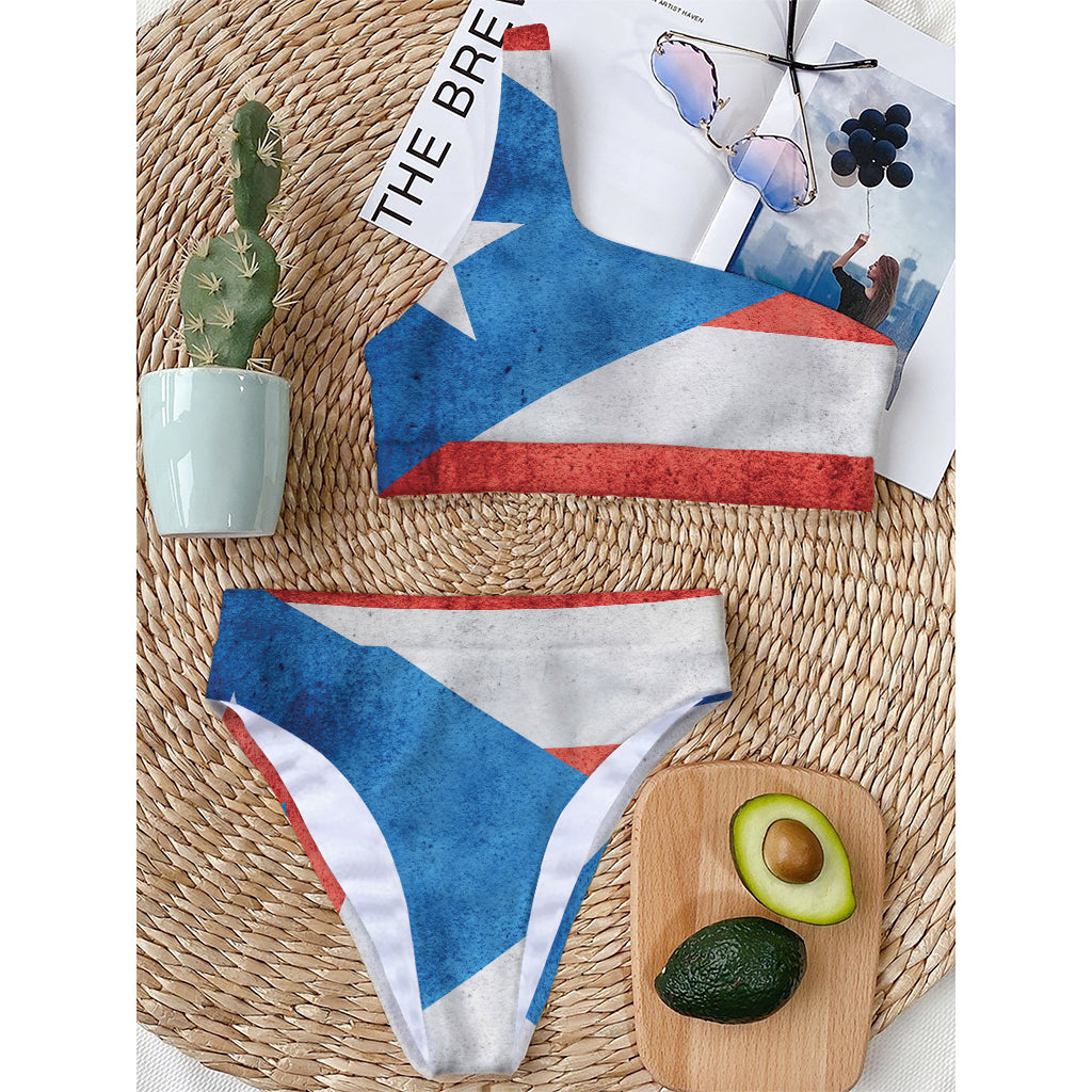 Grunge Puerto Rican Flag Print One Shoulder Bikini Top