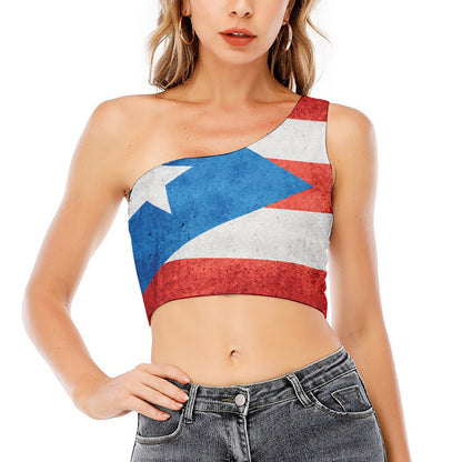 Grunge Puerto Rican Flag Print One Shoulder Crop Top
