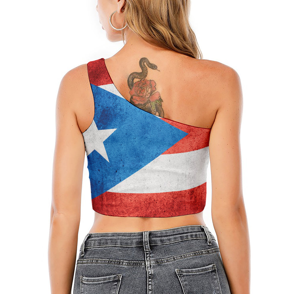 Grunge Puerto Rican Flag Print One Shoulder Crop Top