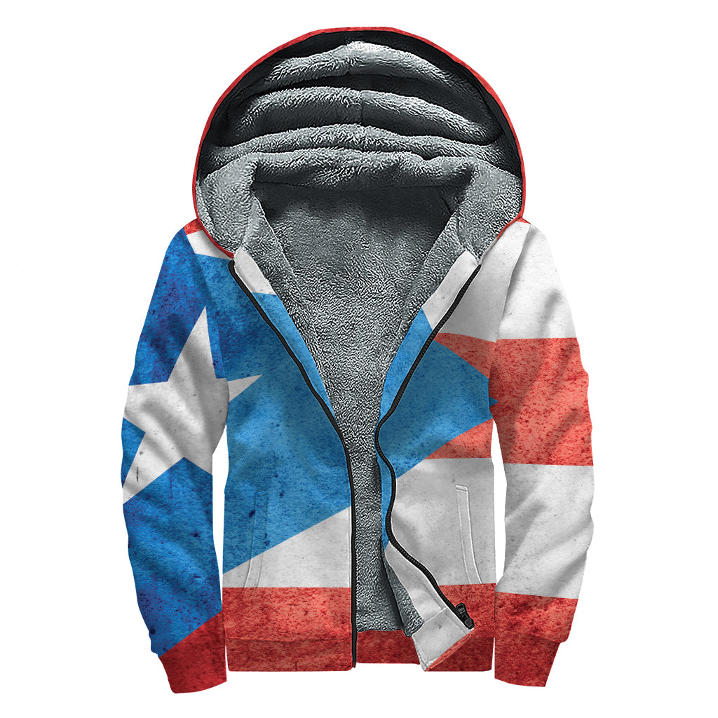 Grunge Puerto Rican Flag Print Sherpa Lined Zip Up Hoodie