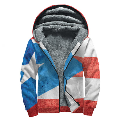 Grunge Puerto Rican Flag Print Sherpa Lined Zip Up Hoodie