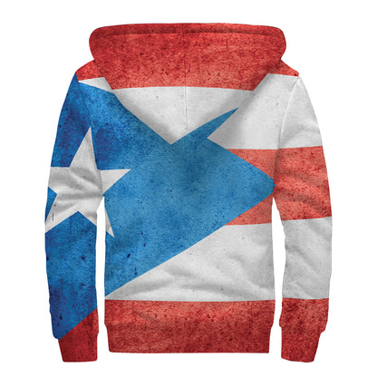 Grunge Puerto Rican Flag Print Sherpa Lined Zip Up Hoodie