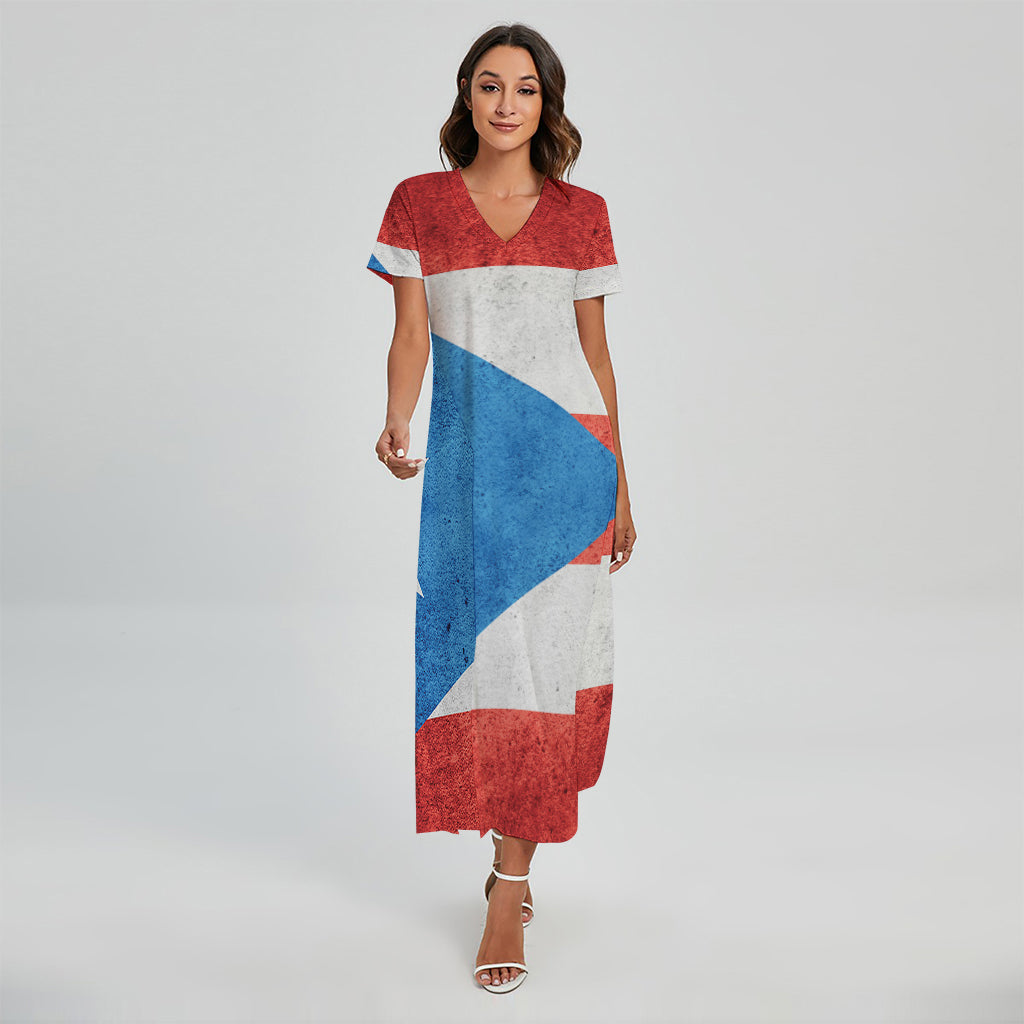 Grunge Puerto Rican Flag Print Short Sleeve Maxi Dress