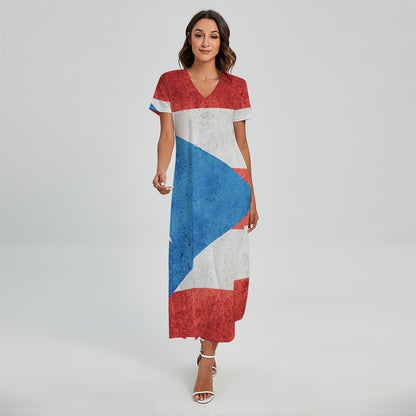 Grunge Puerto Rican Flag Print Short Sleeve Maxi Dress