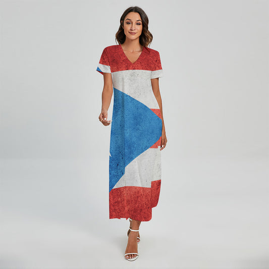 Grunge Puerto Rican Flag Print Short Sleeve Maxi Dress