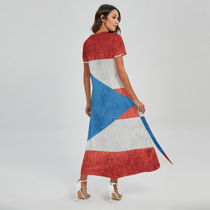 Grunge Puerto Rican Flag Print Short Sleeve Maxi Dress