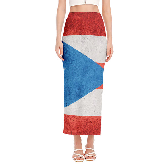 Grunge Puerto Rican Flag Print Side Slit Maxi Skirt