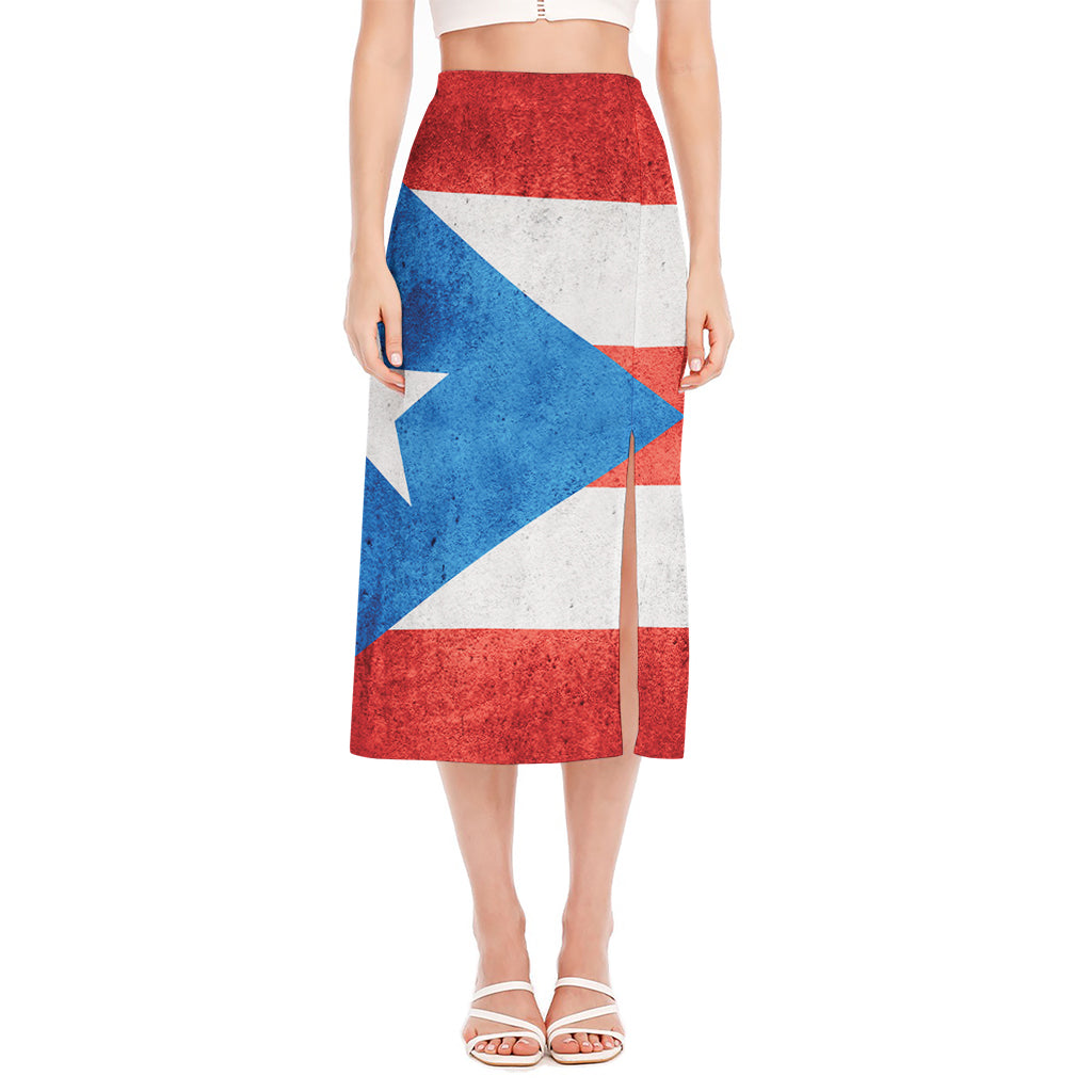 Grunge Puerto Rican Flag Print Side Slit Midi Skirt