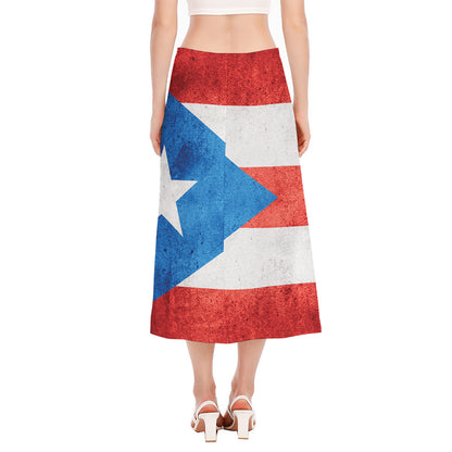 Grunge Puerto Rican Flag Print Side Slit Midi Skirt