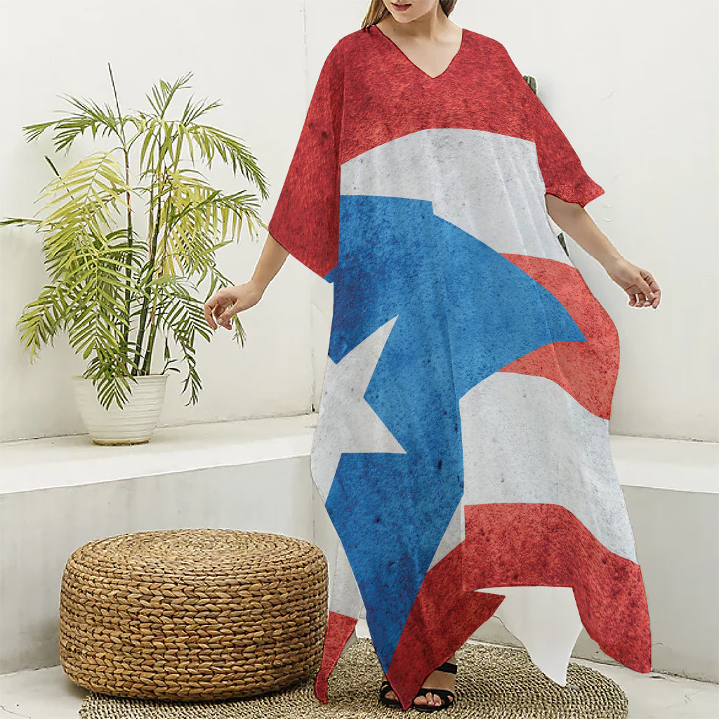 Grunge Puerto Rican Flag Print Silk V-Neck Kaftan Dress