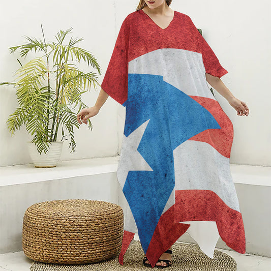 Grunge Puerto Rican Flag Print Silk V-Neck Kaftan Dress