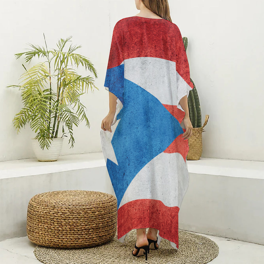 Grunge Puerto Rican Flag Print Silk V-Neck Kaftan Dress
