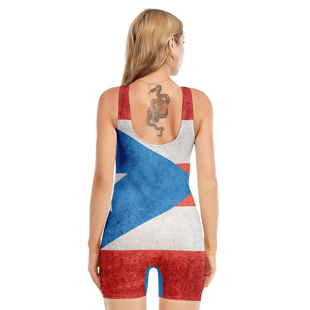 Grunge Puerto Rican Flag Print Sleeveless One Piece Swimsuit
