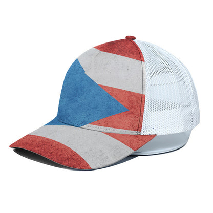 Grunge Puerto Rican Flag Print White Mesh Trucker Cap