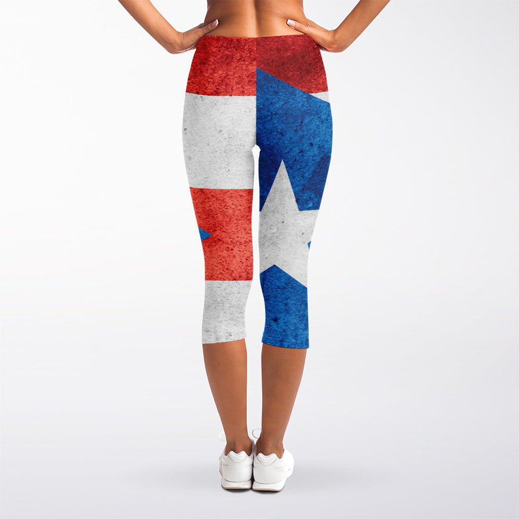 Grunge Puerto Rican Flag Print Women's Capri Leggings